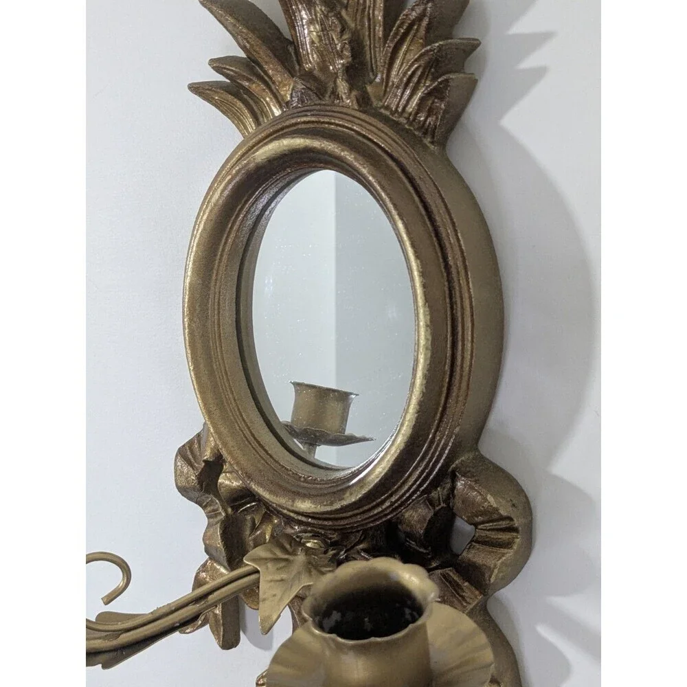 Vintage Italian Giltwood Bow Top Botanical Decor Mirror Two Candle Wall Sconce